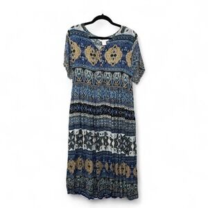 Vintage 90s Cottagecore‎ Boho Rayon Button Front Midi Dress Short Sleeve Small